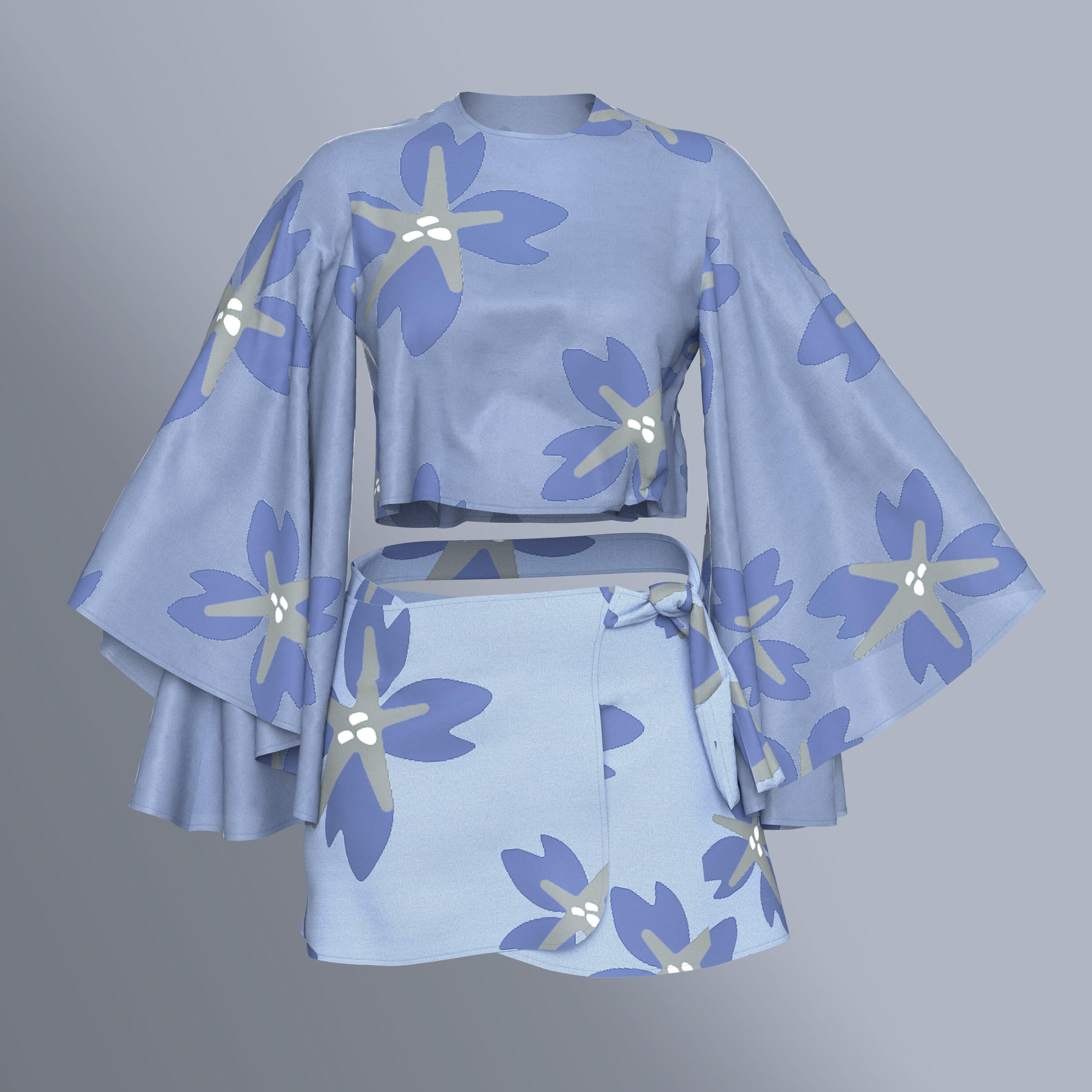 This blue floral co-ord set, featuring a wide-sleeve cropped blouse and wrap skirt, demonstrates Martinsgard Patternmaking’s expertise in 3D garment visualization and print placement accuracy. Every detail—from drape dynamics to fabric texture—is digitally